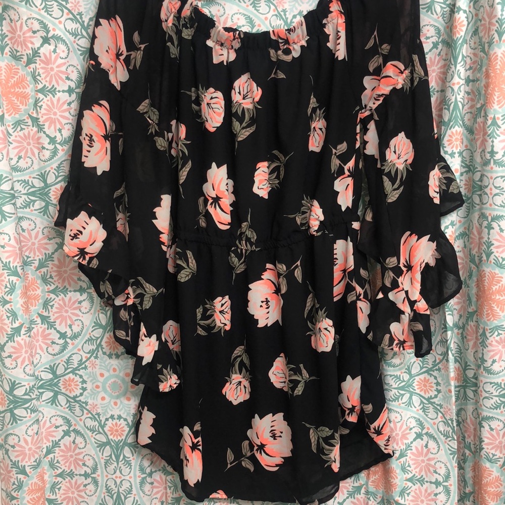 Black floral dress with long belled sleeves